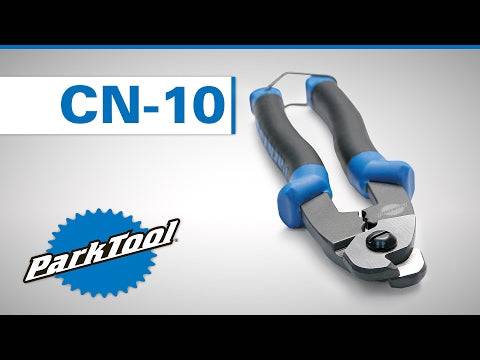 Park Tool CN-10 Pro cable and housing cutter with crimper and forming hole for bike workshop use, featuring ergonomic handle and cutting blade.