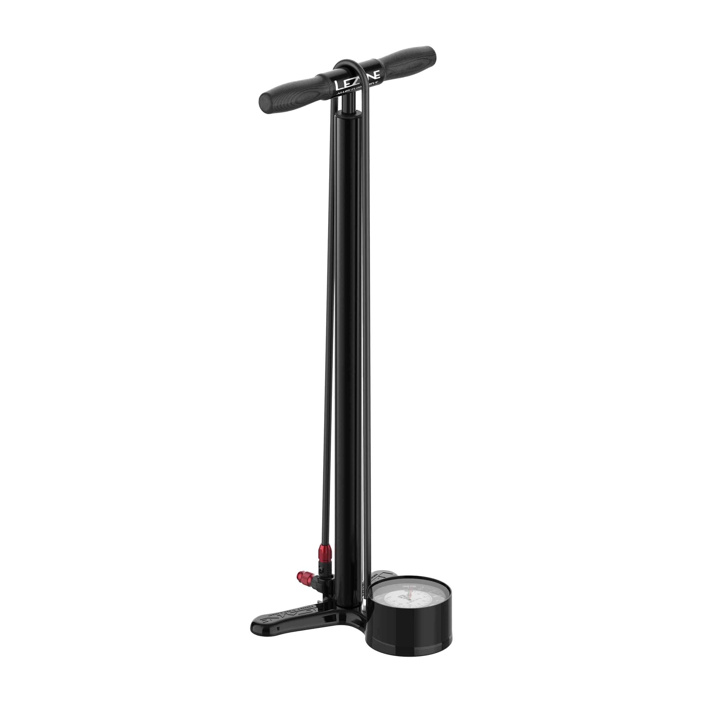 Lezyne Alloy Floor Drive bike pump in satin black with high-pressure 220psi gauge, compatible with Presta and Schrader valves