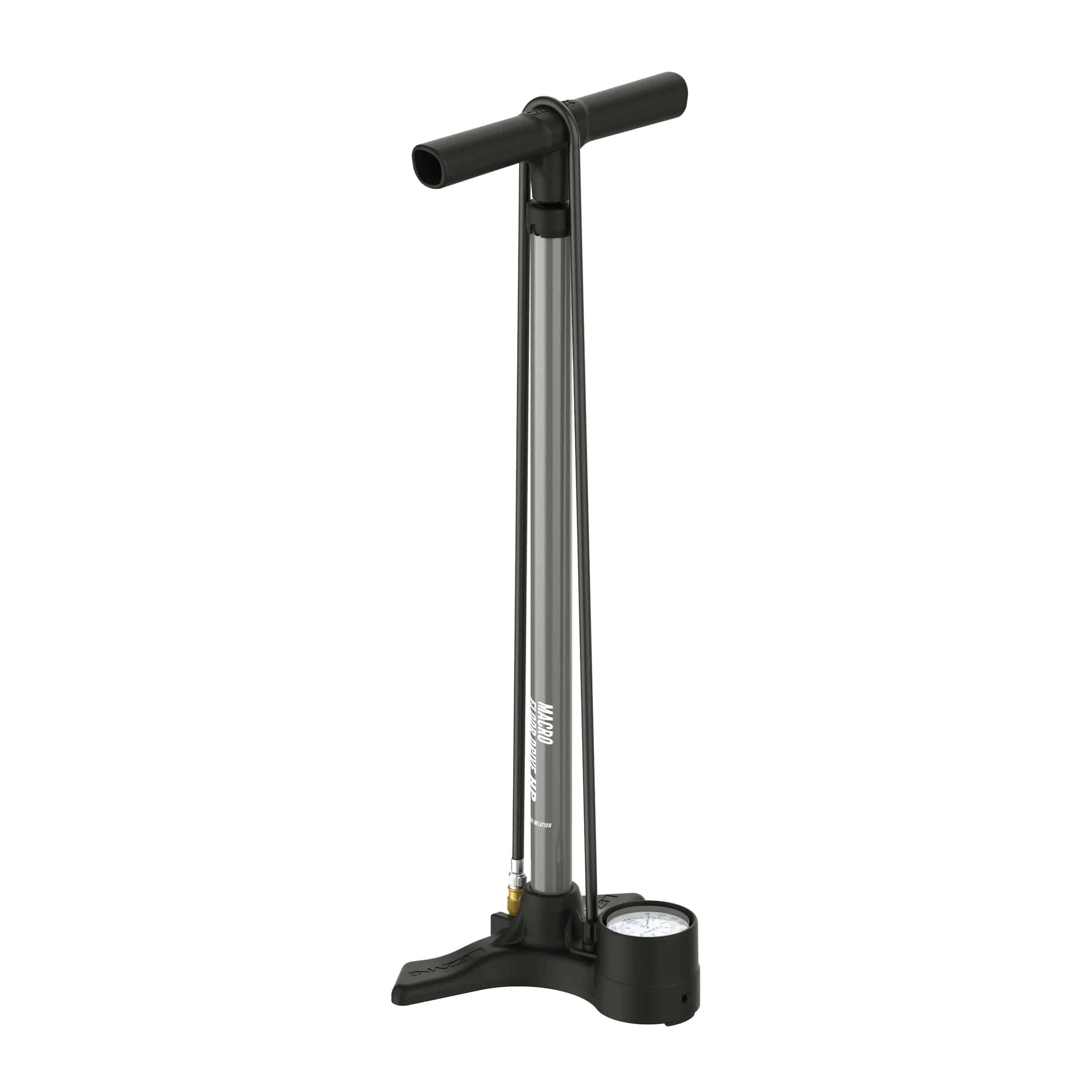 Lezyne Macro Floor Drive bike pump with dual valve, 220psi analog gauge, flat grey color, designed for inflating bicycle tires.