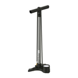 Lezyne Macro Floor Drive bike pump with dual valve, 220psi analog gauge, flat grey color, designed for inflating bicycle tires.