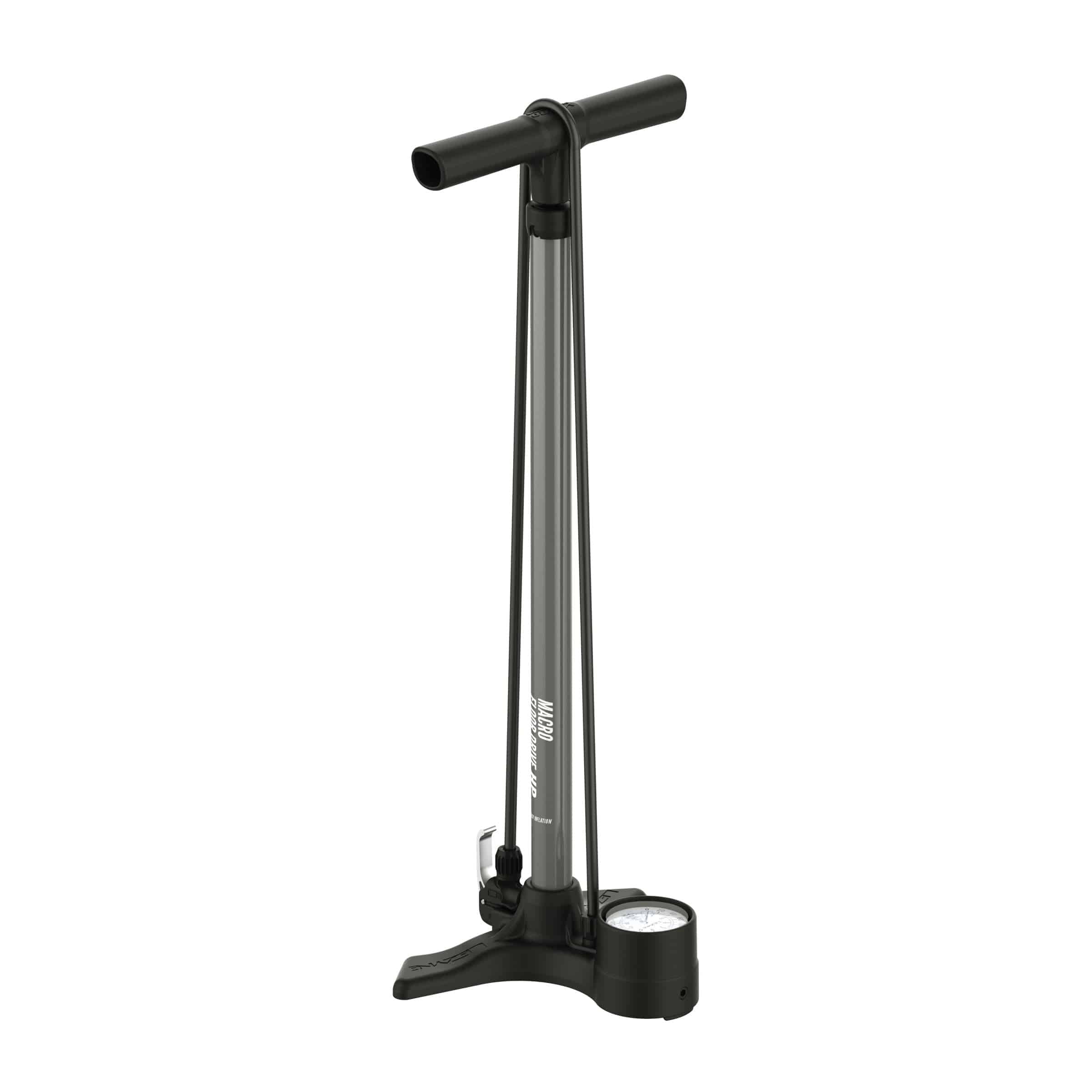 Lezyne Macro Floor Drive DV bike pump with dual valve, 220psi gauge, flat grey finish, and durable metal construction.