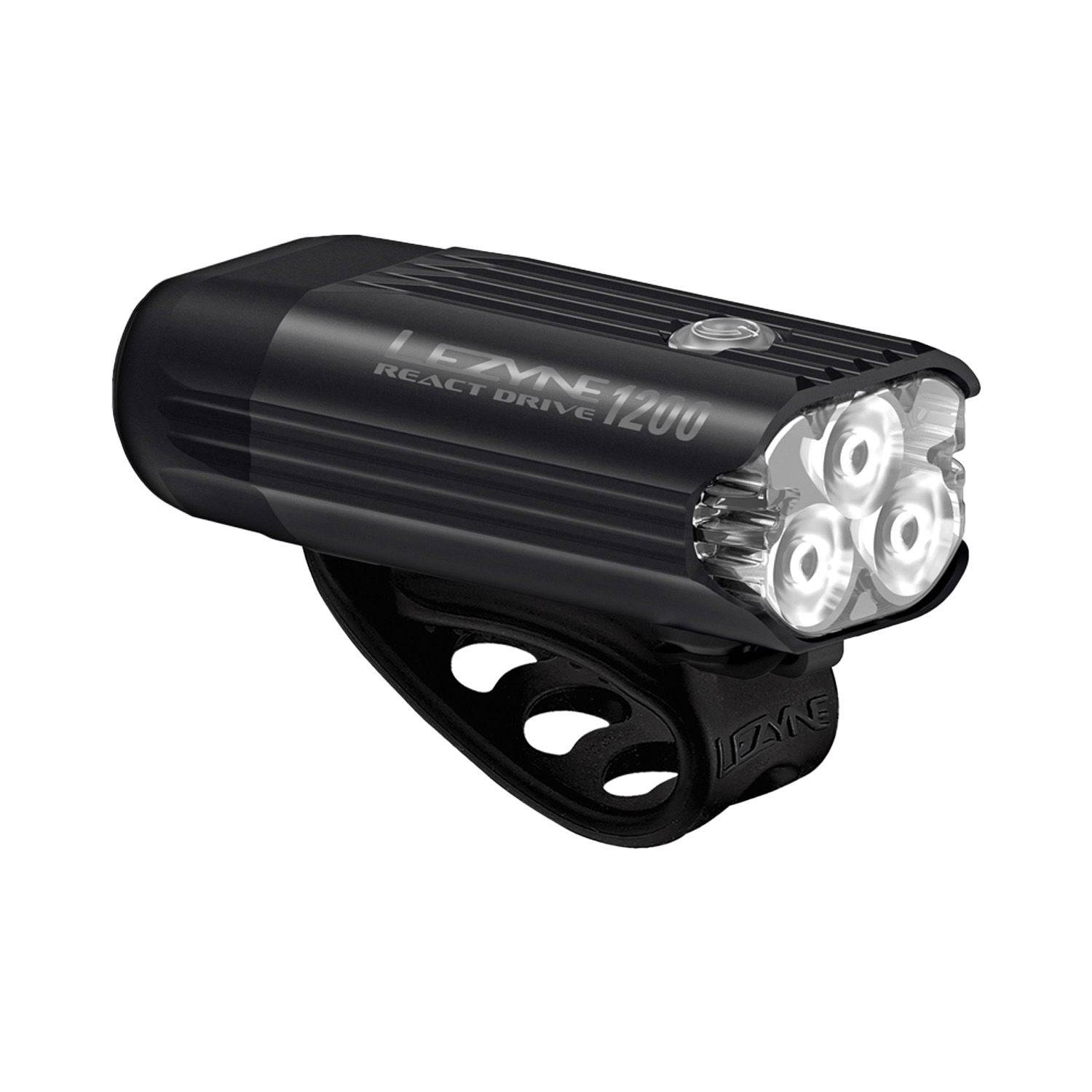 Lezyne React Drive front LED bike light with 1200 lumens, vehicle detection alerts, and sleek design for cycling safety.