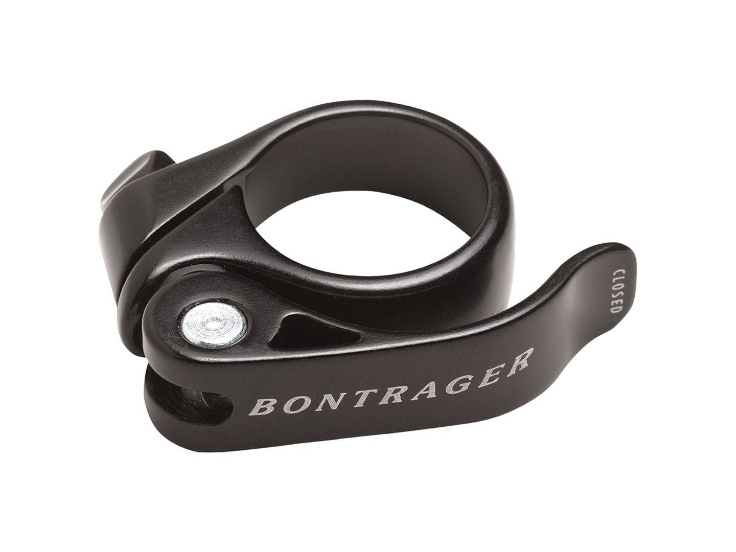 Bontrager quick release seatpost clamp with laser-etched torque guide, shown with included spares and accessories.