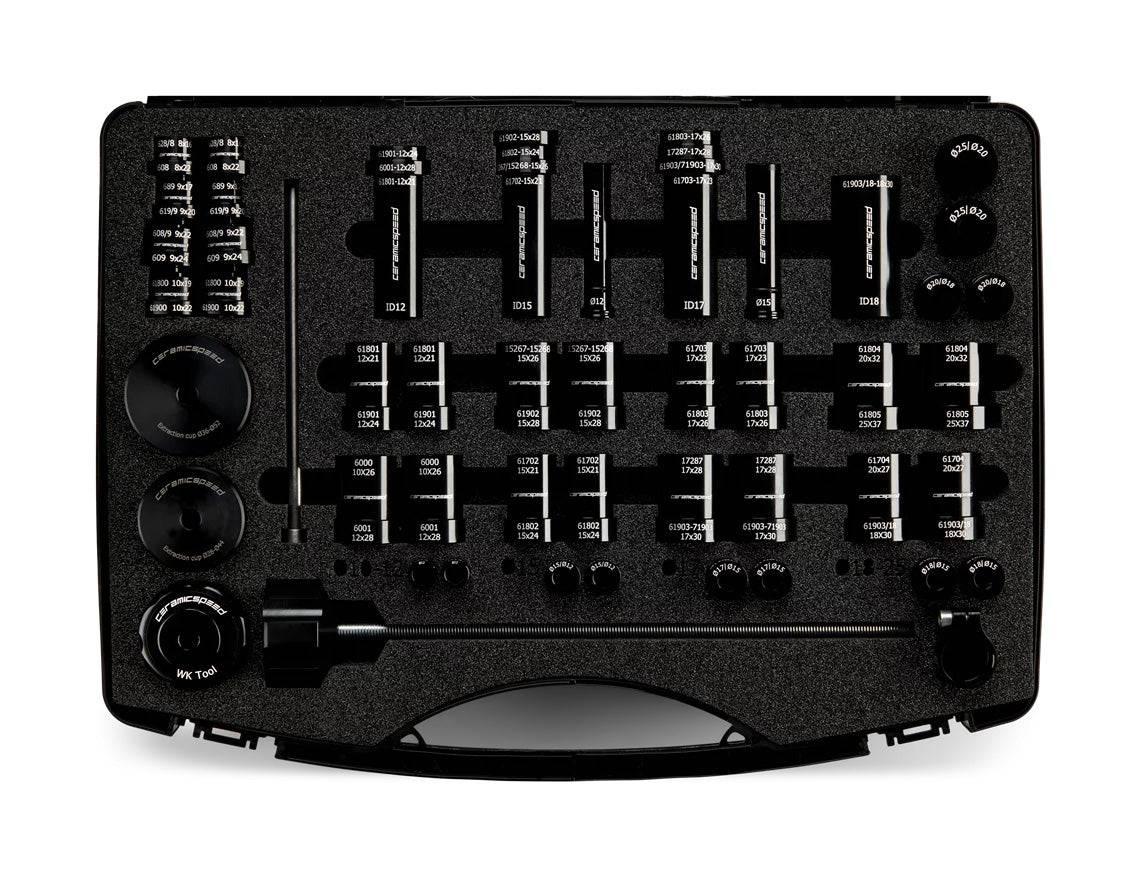 CeramicSpeed wheel bearing press tool kit with quick release for bike hubs, used in bike workshop maintenance and bearing installation.