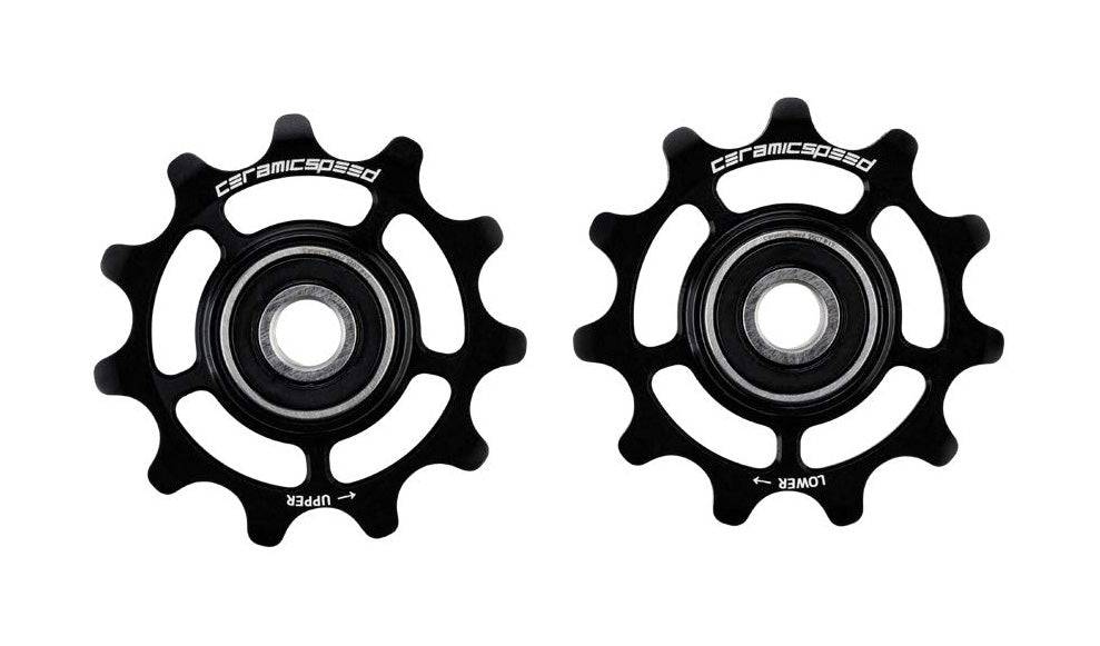 CeramicSpeed Shimano 12-speed pulley wheels for Dura Ace 9250, Ultegra 8150, and 105 7150 bike components on a clean background.