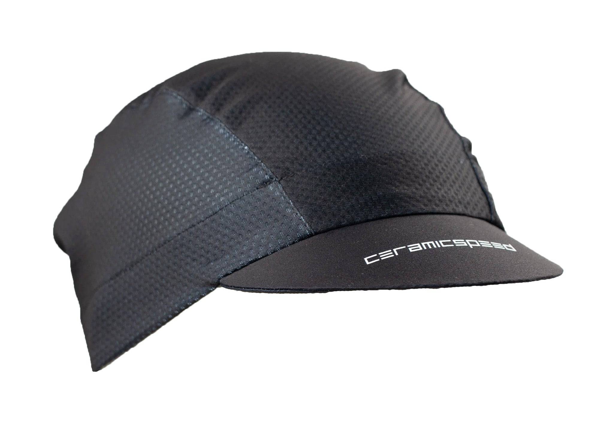 Black CeramicSpeed summer mesh cycling cap with breathable fabric and helmet-friendly design, ideal for comfortable riding.