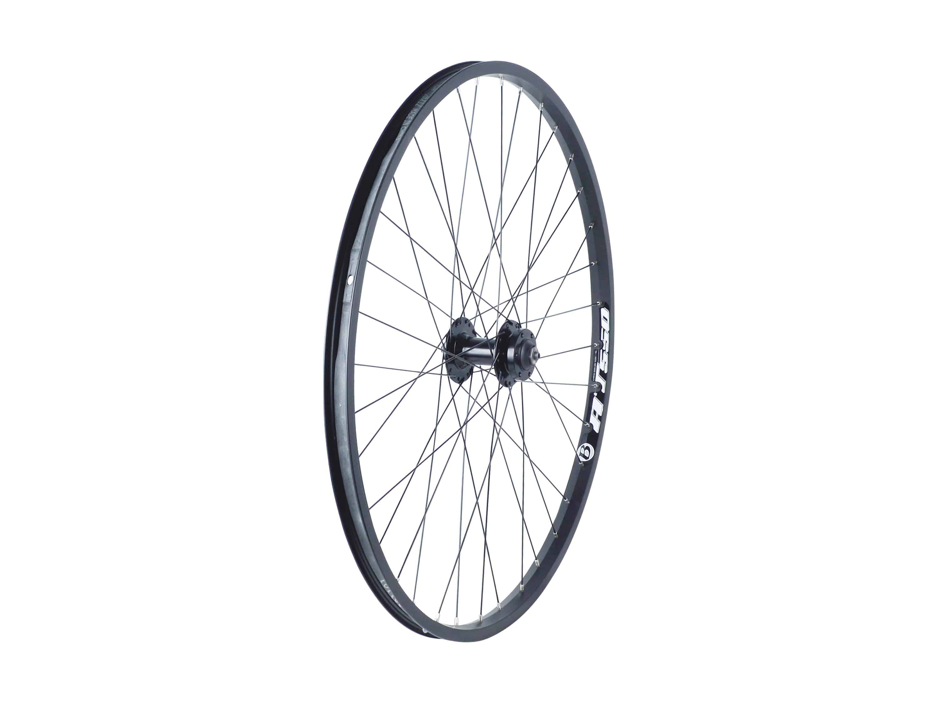 Bontrager 26-inch AT-550/DC-20 MTB wheel with 36H disc brake compatible rim, front view showing spokes and rim details.