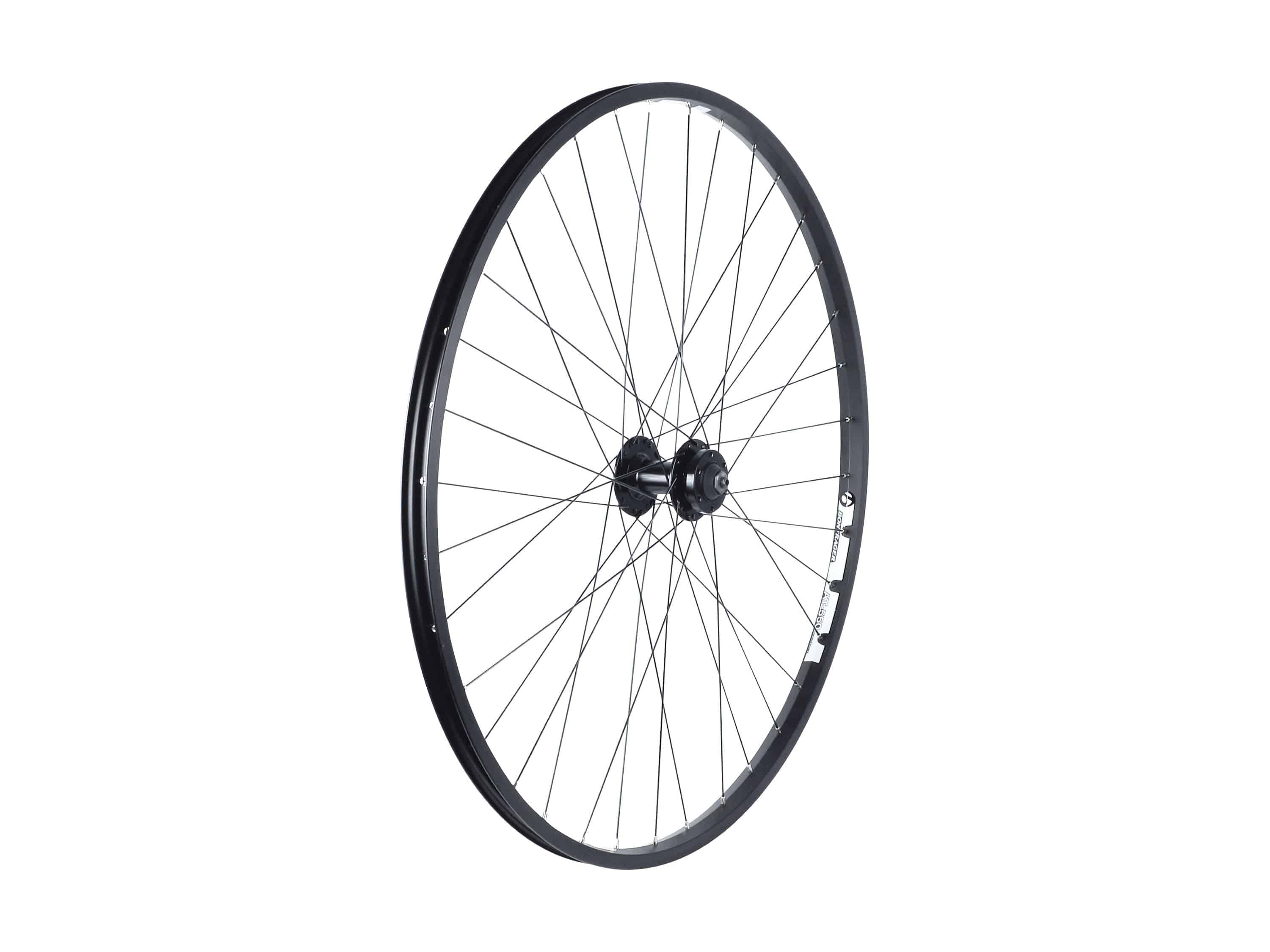 Bontrager AT550/DC20 29-inch MTB disc wheel with durable rim and 36H spoke pattern, front view showing black alloy construction.