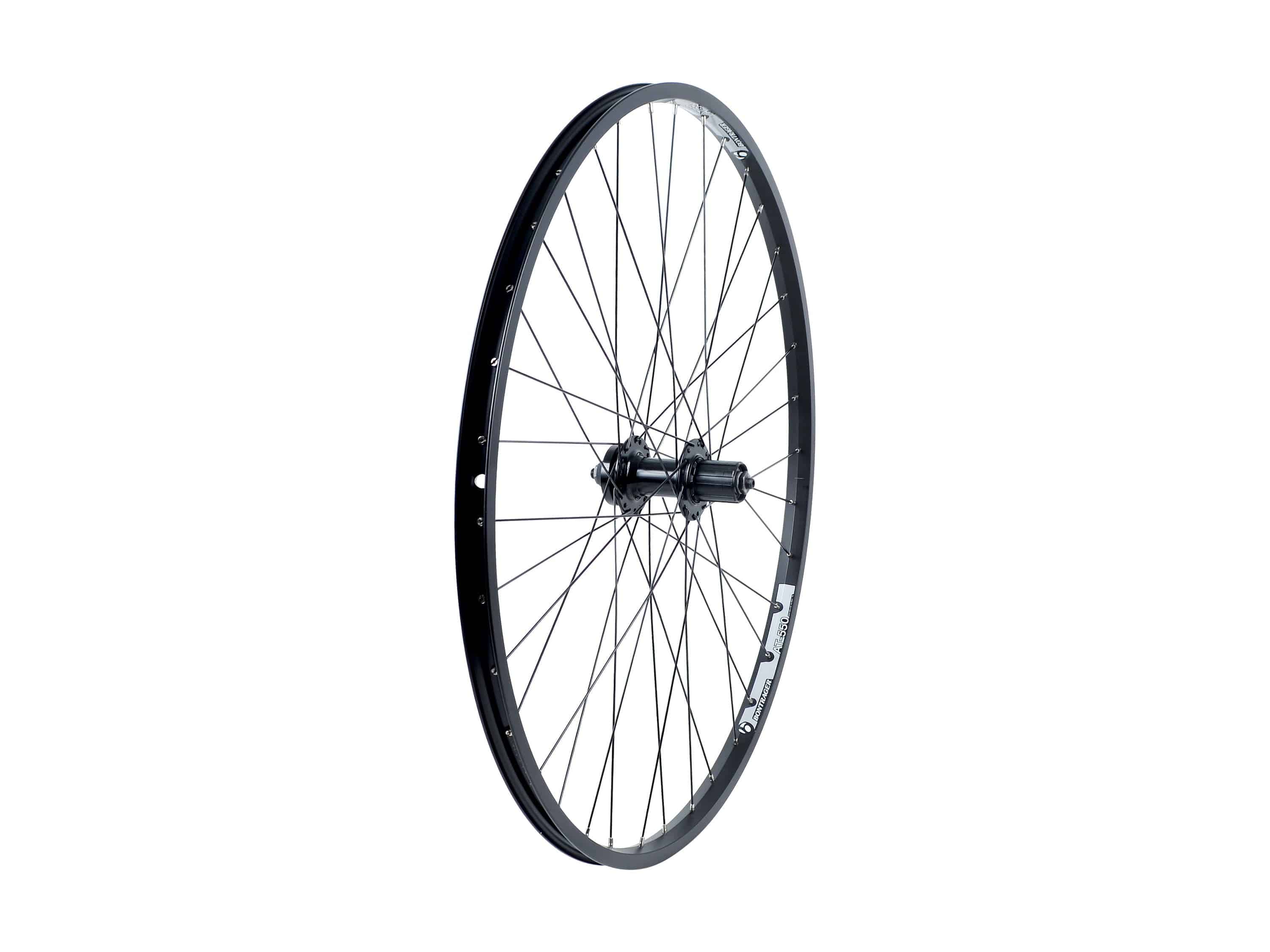 Bontrager AT550/DC20 29-inch disc wheel with durable rim and 36 spokes, designed for mountain biking and MTB compatibility.