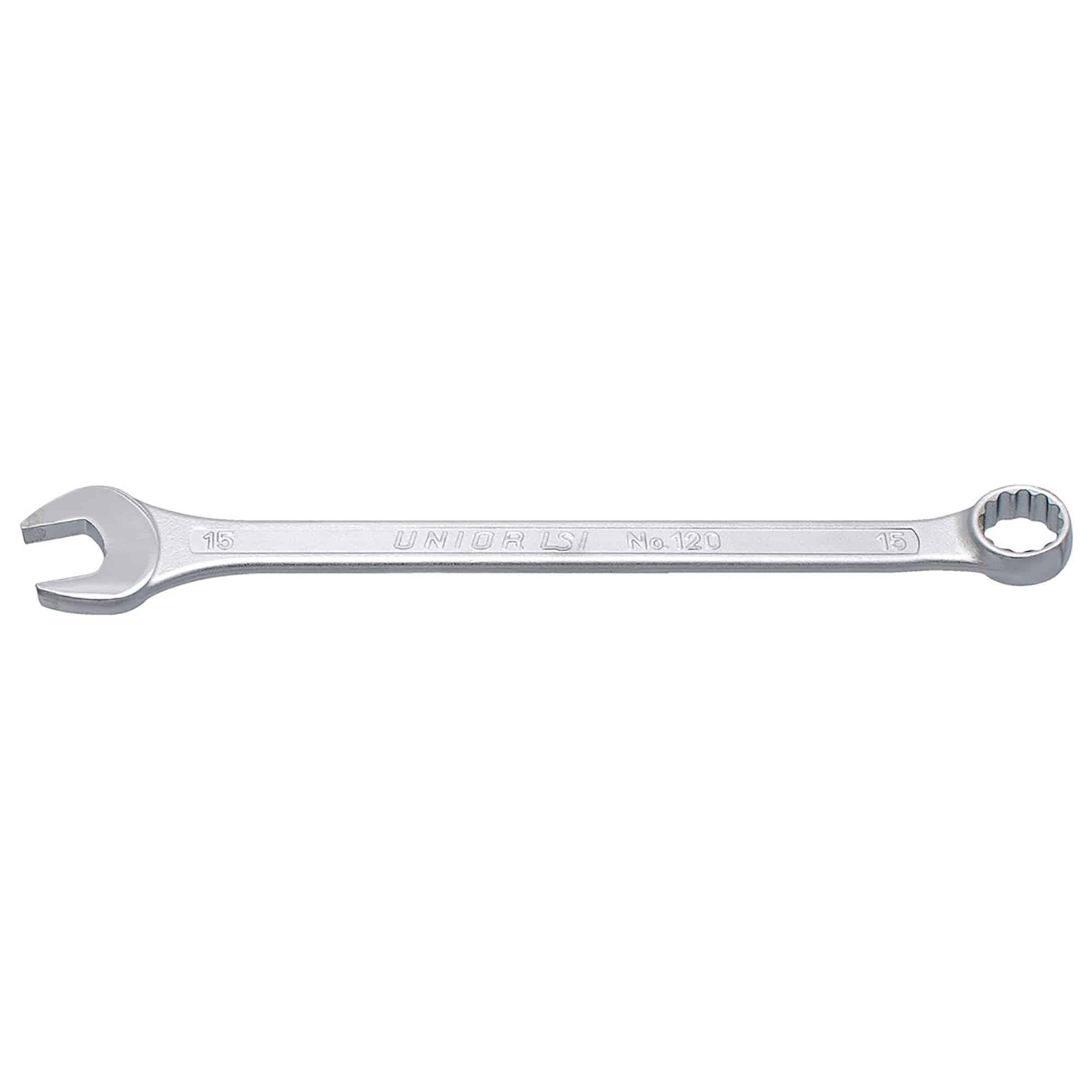 UNIOR long combination wrench, durable professional workshop tool, showing its open and box ends on a workbench.