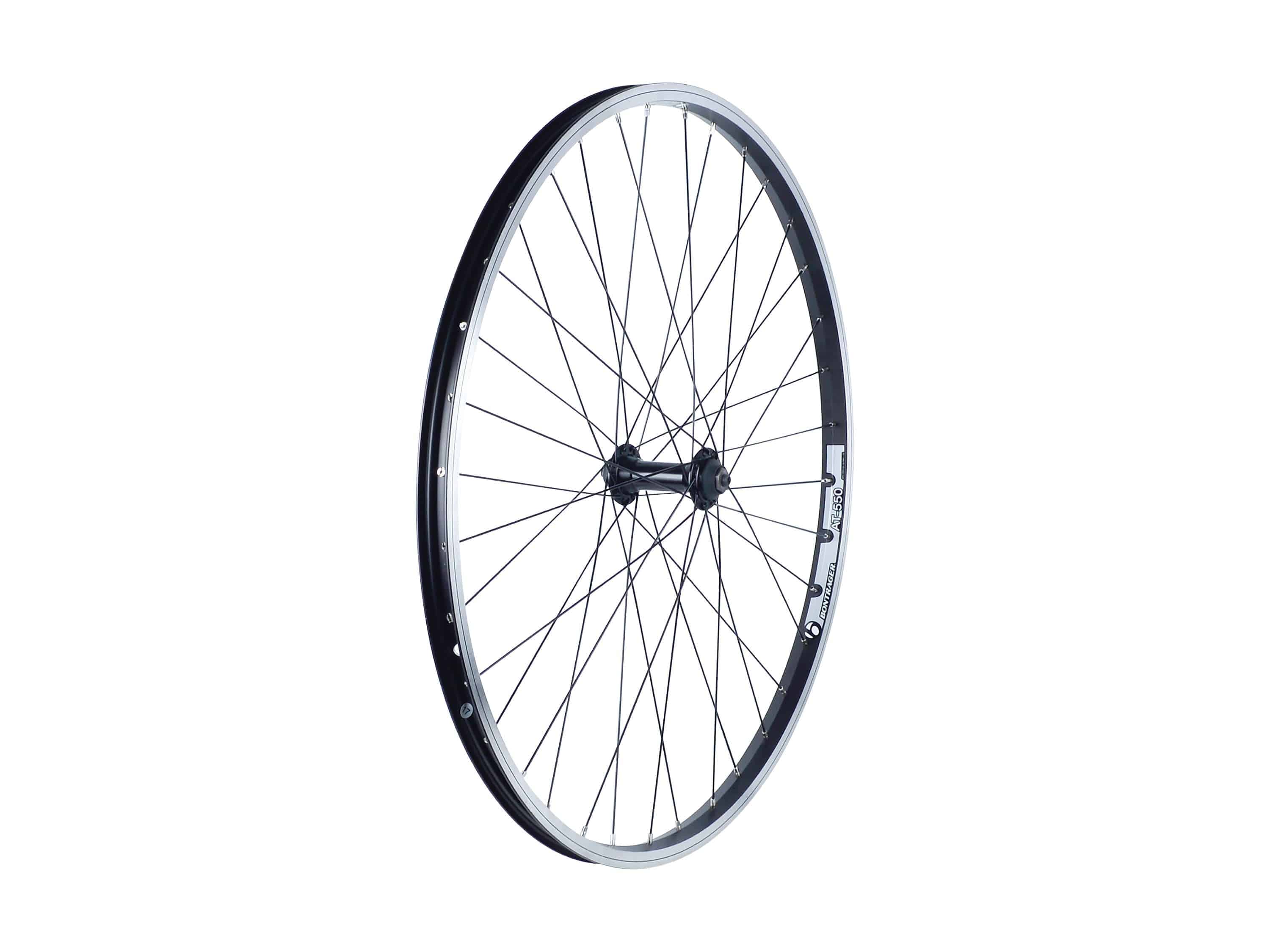 Bontrager AT550/FM21 26-inch rim brake wheel with 36H for Shimano and SRAM 8/9/10-speed bikes, front view.