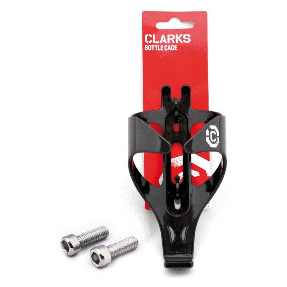 Clarks black polycarbonate bike bottle cage with mounting bolts, secure holder for cycling accessories