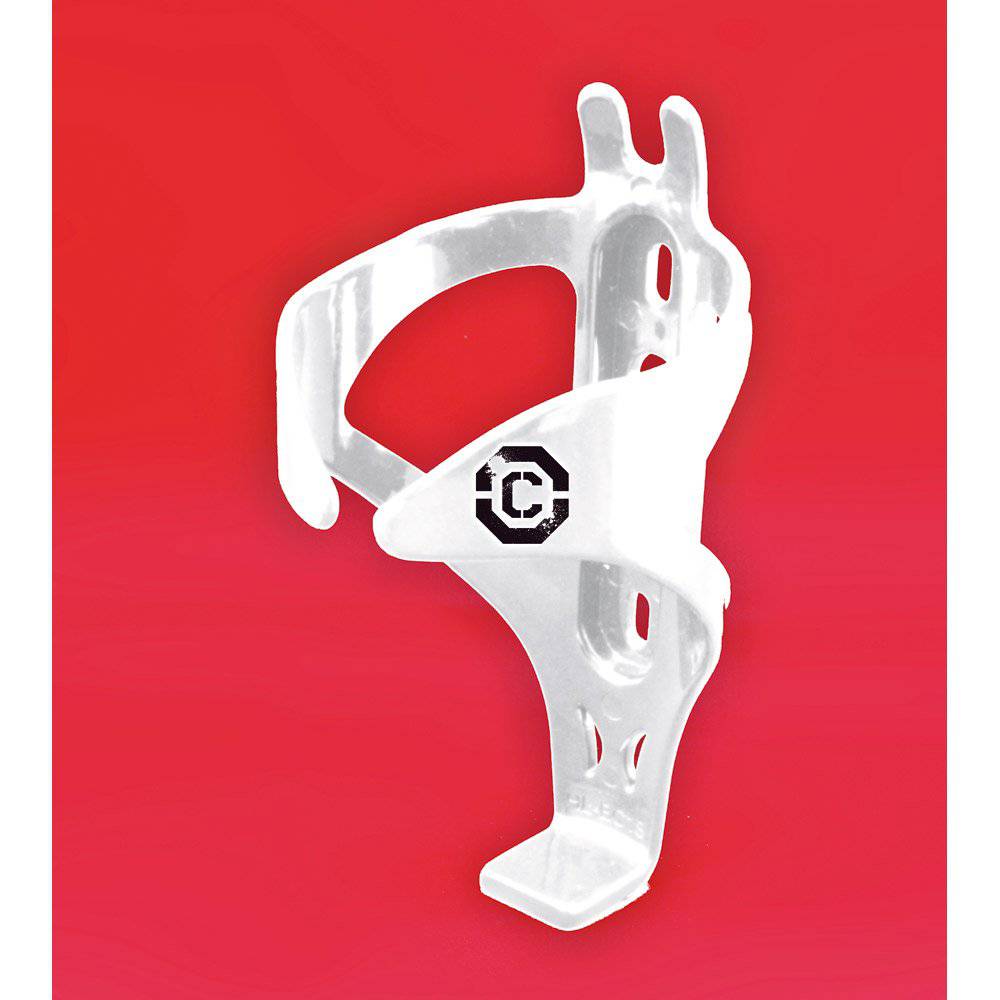 Clarks white polycarbonate bike bottle cage with mounting bolts for cycling accessories, sturdy and lightweight for bike hydration.