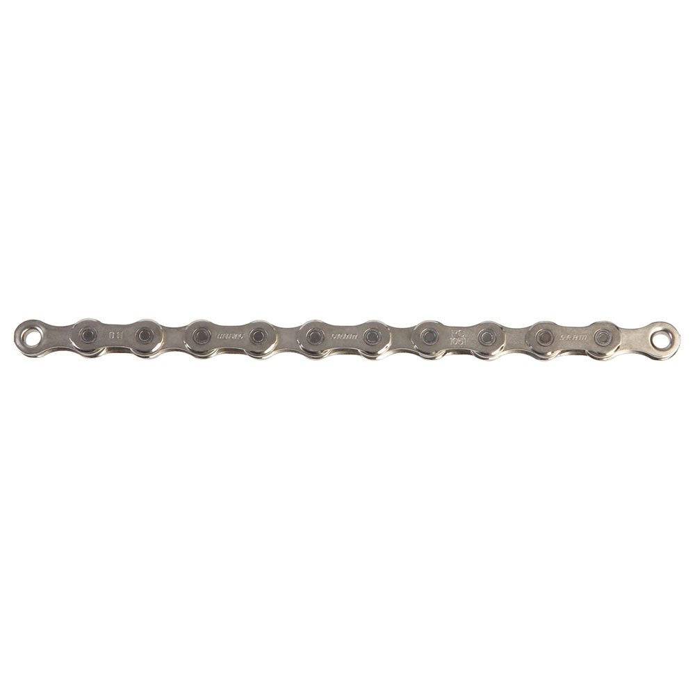 SRAM PC1051 10-speed silver bike chain with 114 links and PowerLock connector for smooth shifting on bicycle components.