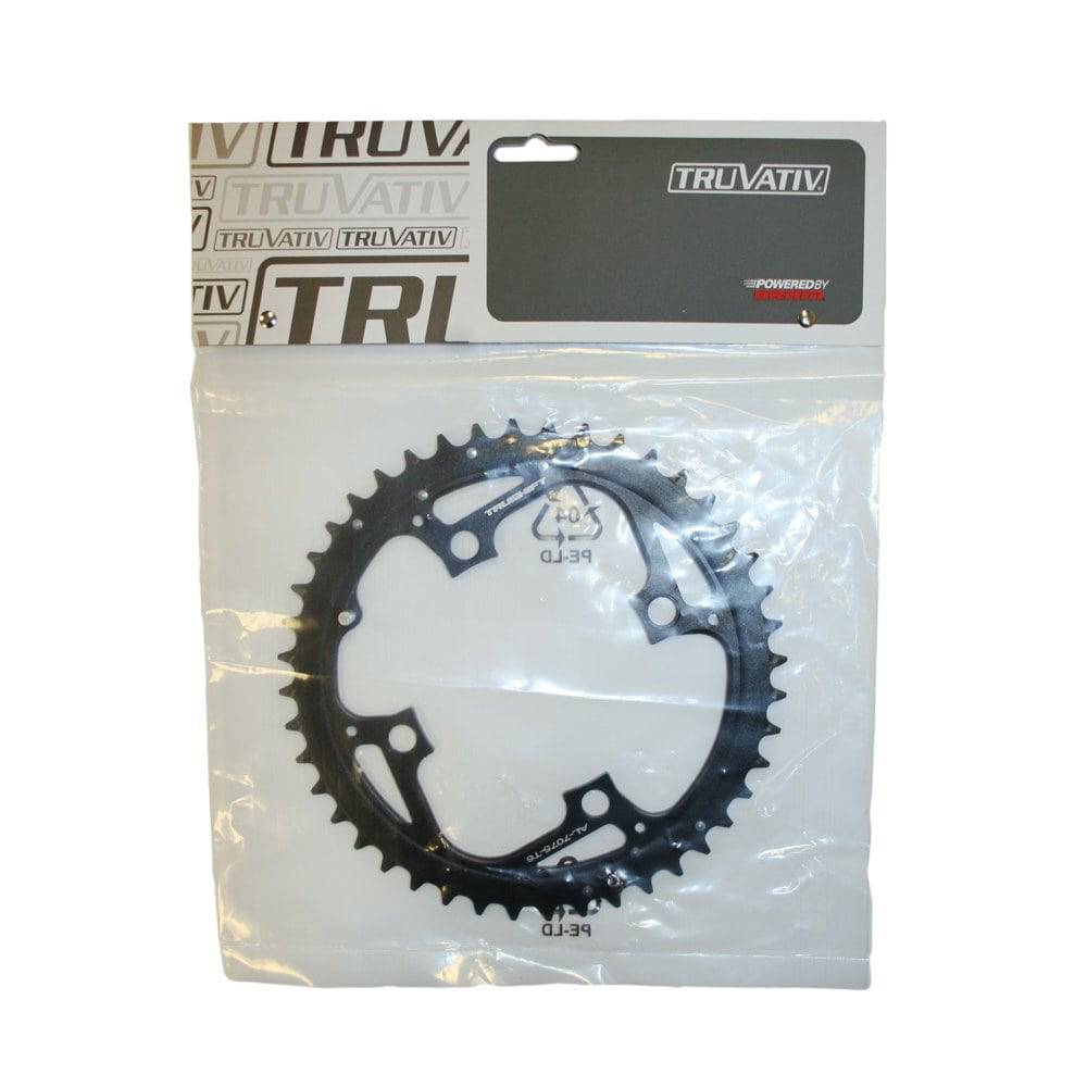 Truvativ MTB 44T chainring with 104 BCD, CNC aluminum, black finish, 3mm thickness, designed for mountain bike components.
