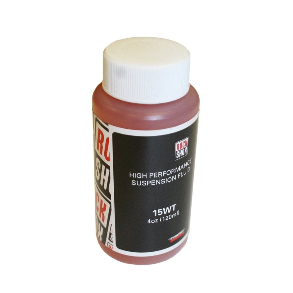 RockShox suspension oil 15wt in a 120ml bottle for smooth fork performance, shown with label and cap.