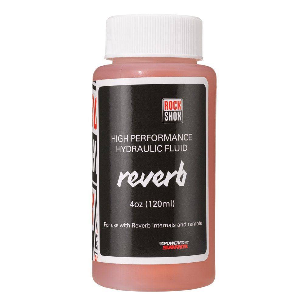RockShox Reverb hydraulic fluid bottle for A1-B1 post and Sprint remote maintenance, 120ml, for mountain bike components.