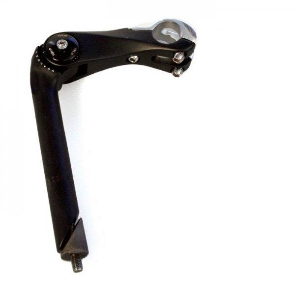 M Part adjustable 4-bolt quill stem for 1-inch threaded forks and 25.4mm handlebars, showing the stem's metal construction and bolt mechanism.