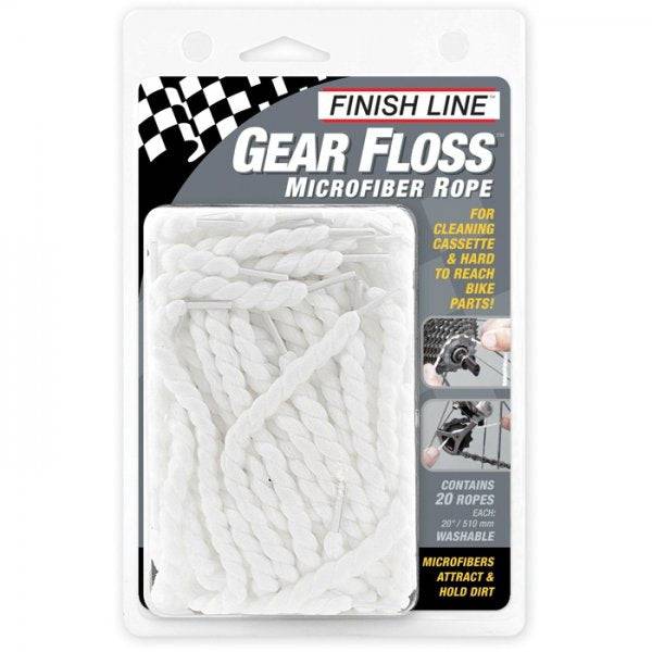 Finish Line Gear Floss microfiber rope for bike cleaning, shown in a pack of 20, ideal for workshop bike maintenance.