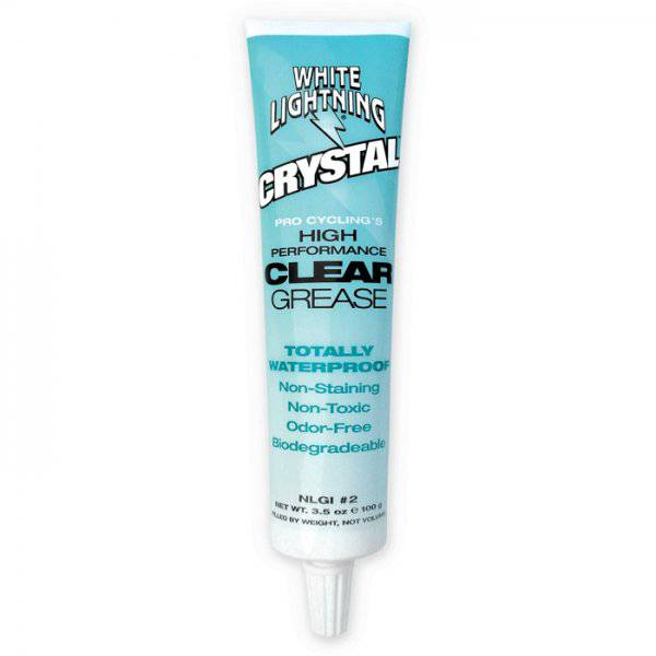 White Lightning Crystal Grease tube, clear waterproof bike grease in a 3.5oz (100g) workshop container, suitable for bike maintenance.