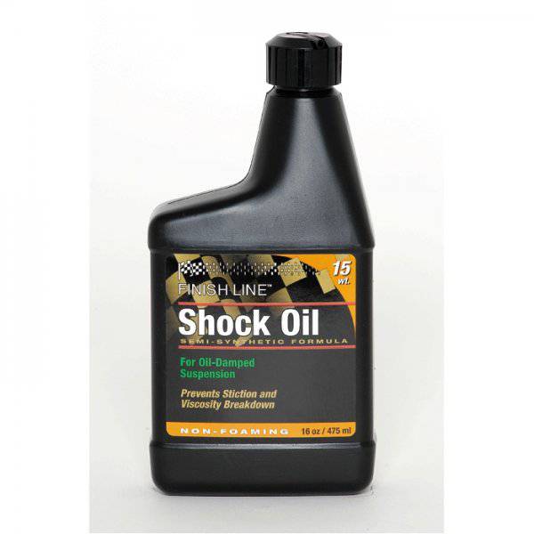 Finish Line Shock Oil 15 wt for bicycle suspension forks, 16 oz bottle, workshop-use bicycle maintenance product.
