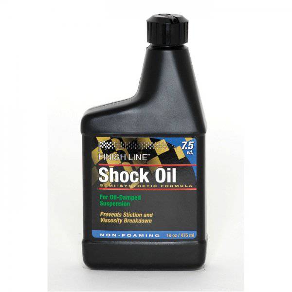 Finish Line Shock Oil 7.5 wt for bicycle suspension forks, 16 oz bottle, suitable for bike shock maintenance and workshop use.