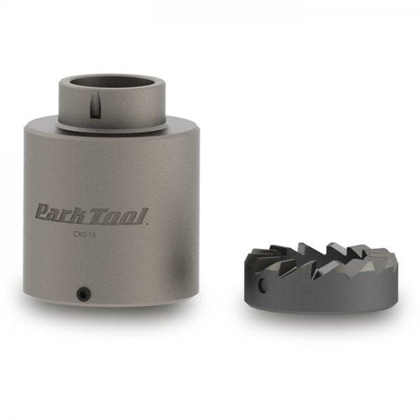 Park Tool CRC-15 Crown Race Cutter Adapter for 1.5-inch tapered steerer forks, used in bike workshop for precise crown race fitting.
