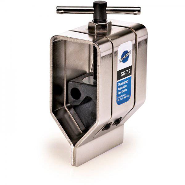 Park Tool SG-7.2 oversized adjustable saw guide for aero seatposts and tubes, used in workshop for precise cutting.