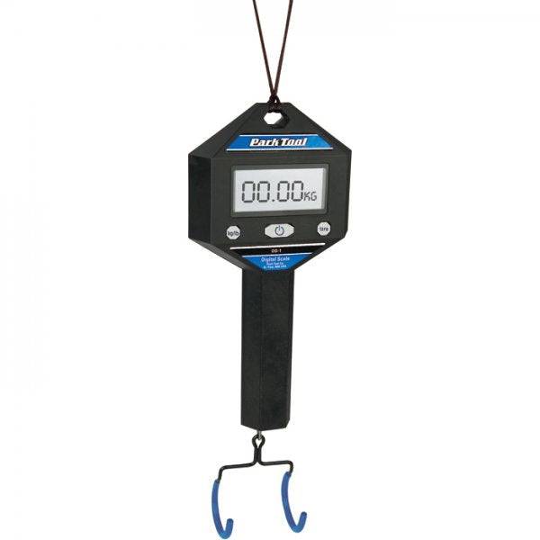 Park Tool DS-1 digital scale for bikes, frames, and components with hanging hook, ideal for workshop weight measurement.