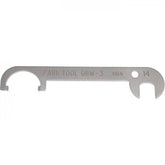 Park Tool OBW-3 offset brake centerer with 14mm wrench for caliper brakes, used in bike workshop maintenance.