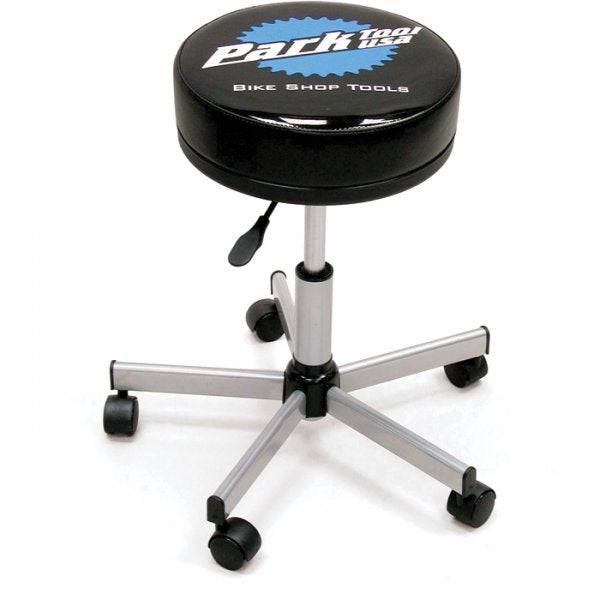 Park Tool STL-2 adjustable-height workshop stool with swivel seat and wheels, ideal for workshop or garage use.