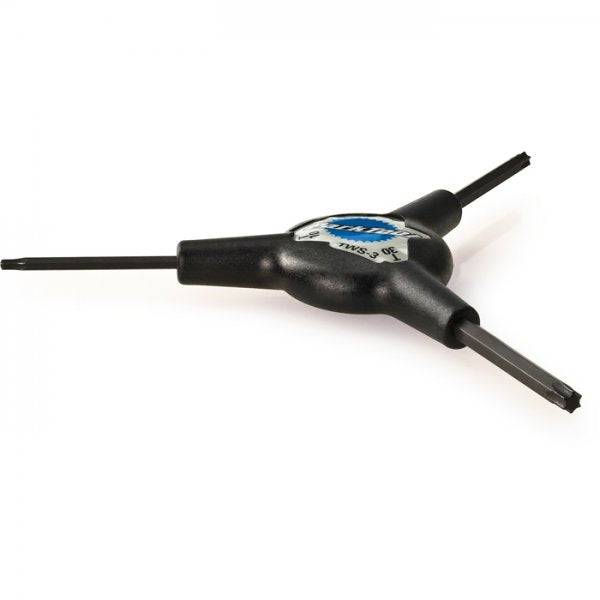 Park Tool TWS-3 Torx three-way wrench with T10, T25, T30 bits in industrial steel, suitable for workshop use.