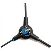 Park Tool AWS-8 ball driver hex wrench set with 4mm, 5mm, and 6mm ergonomic workshop tools arranged on a workbench.