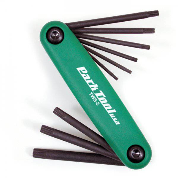 Park Tool TWS-2 fold-up Torx wrench set with composite handle, ideal for bike maintenance and workshop use.