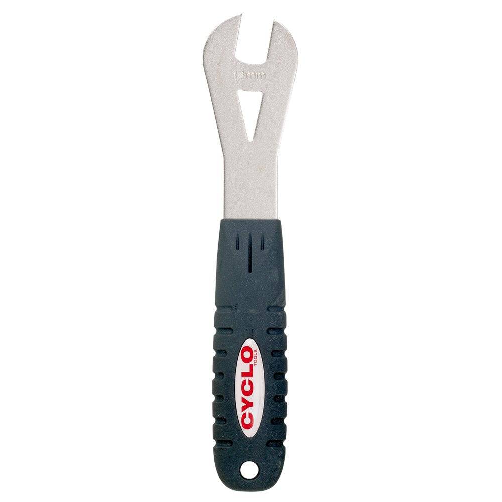 Cyclo Tools 14mm cone spanner for bicycle wheel maintenance, showing a durable workshop tool with a metal handle and open-ended design.