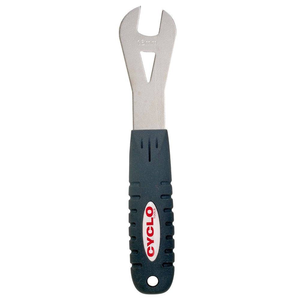 Cyclo Tools 16mm cone spanner for bicycle wheel maintenance and repairs, showing a metal tool with a open-end design.