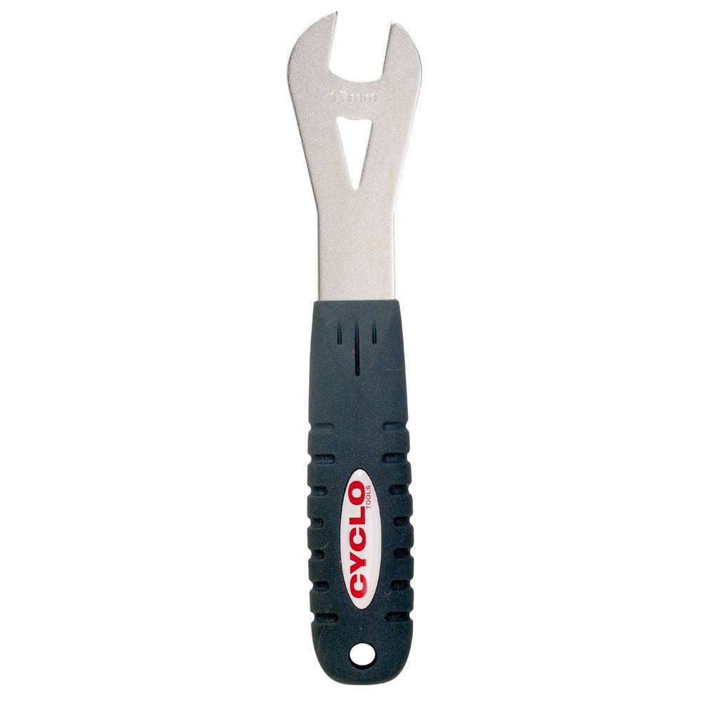 Cyclo Tools 17mm cone spanner for bicycle wheel adjustments, showing a durable workshop tool with a metal handle and open-ended design.