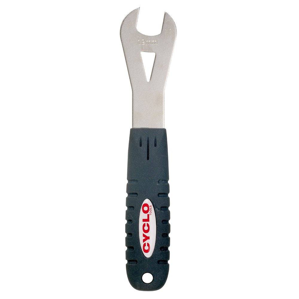 Cyclo Tools 19mm cone spanner for bike wheel adjustments, featuring a sturdy metal handle and precise tool head for maintenance.