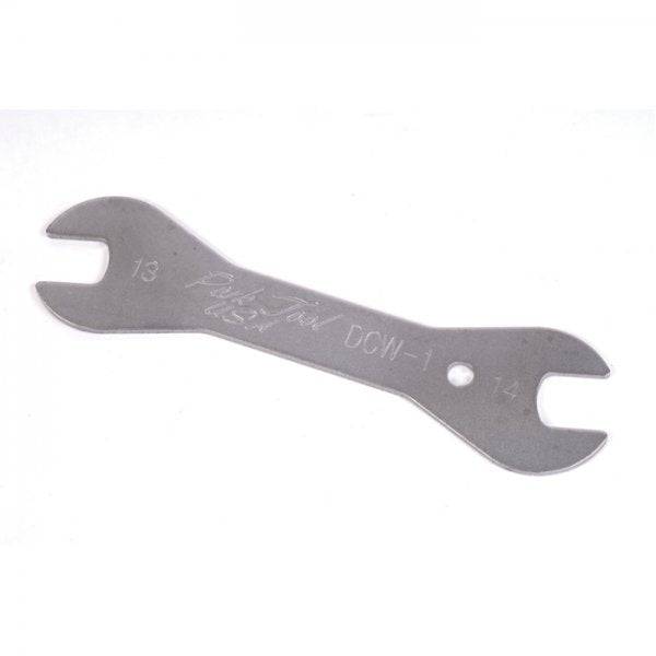 Park Tool DCW-1 double-ended cone wrench with 13mm and 14mm sizes for bike wheel maintenance and workshop use.