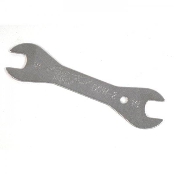 Park Tool DCW-2 double-ended cone wrench with 15mm and 16mm sizes for bicycle wheel adjustments, workshop tool for bike maintenance.