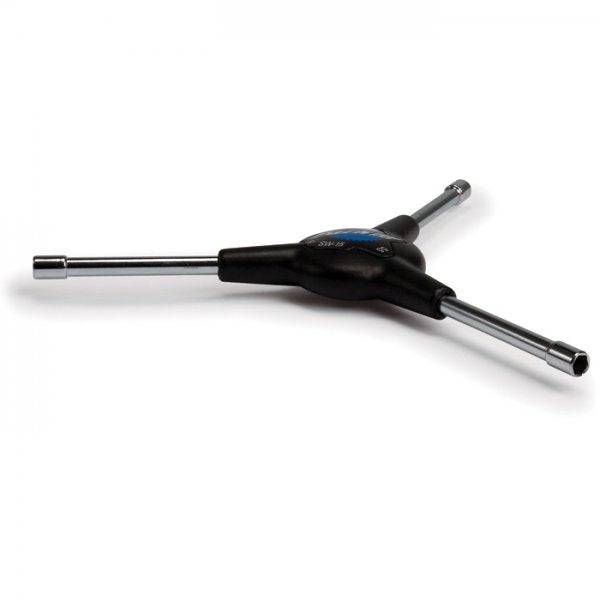 Park Tool SW-15 3-way internal nipple wrench with square drive, 5mm and 5.5mm hex bits for bicycle wheel maintenance.