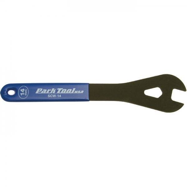 Park Tool SCW-14 14mm shop cone wrench for bicycle wheel maintenance, showing a durable metal tool on a workshop surface.