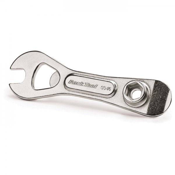 Park Tool SS-15 single-speed spanner with 15mm socket, tyre lever, and bottle opener for bike workshop use.