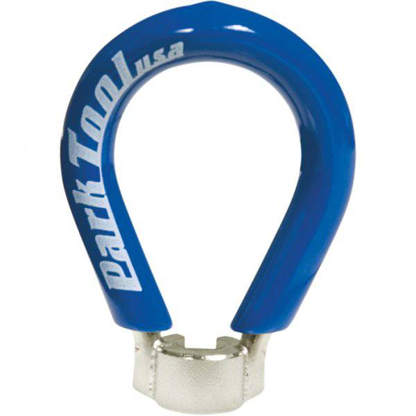 Park Tool SW-3 blue spoke wrench with 0.156-inch size, durable bike wheel tool for workshop use, shown on a workbench.