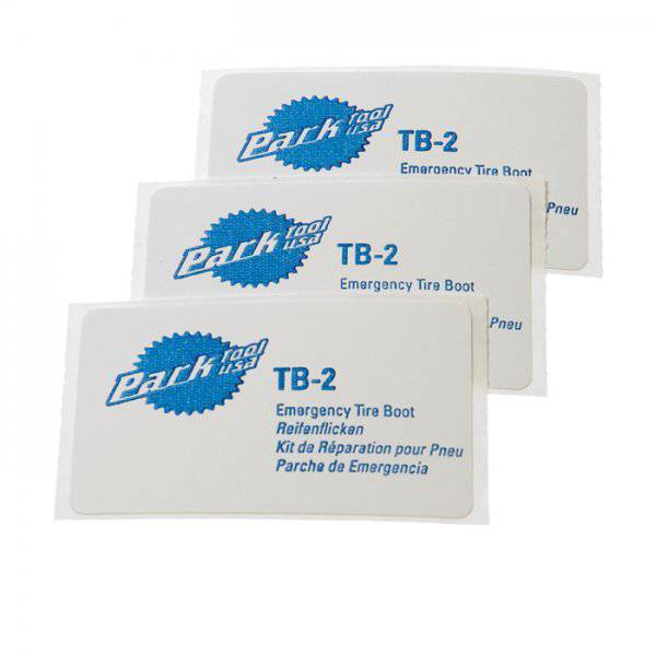 Park Tool TB-2 emergency tyre boot set with three durable patches featuring 3M adhesive for quick bike tyre repairs.