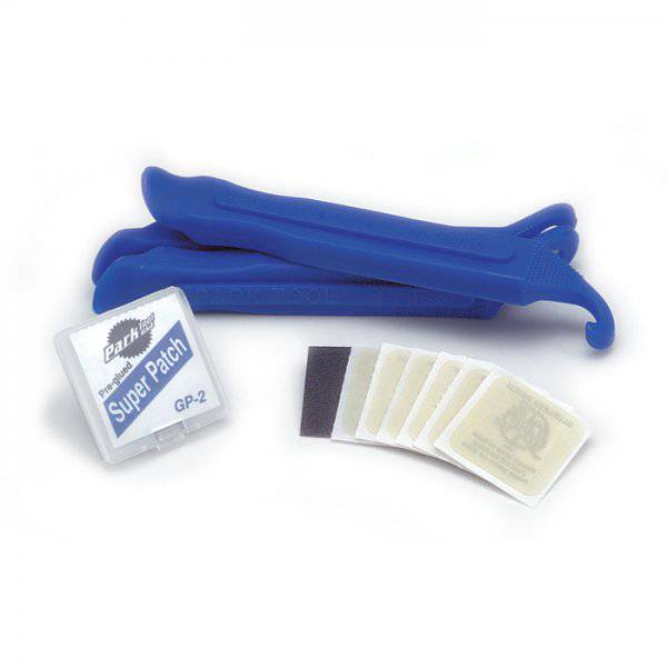 Park Tool TR-1 tyre and tube repair kit with durable patches and tyre levers for workshop bicycle repairs.