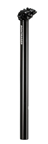 Bontrager Comp alloy bike seatpost with 2-bolt adjustable clamp for road and mountain bikes, showcasing sleek silver design.