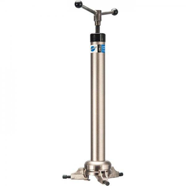 Park Tool CRP-2 adjustable crown race puller for bicycle headset removal, showing the workshop tool in use on a bike.