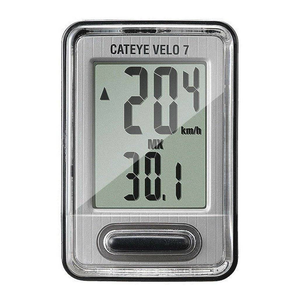 CatEye Velo 7 wired cycle computer in grey showing speed, distance, and time tracking on a bicycle handlebar.