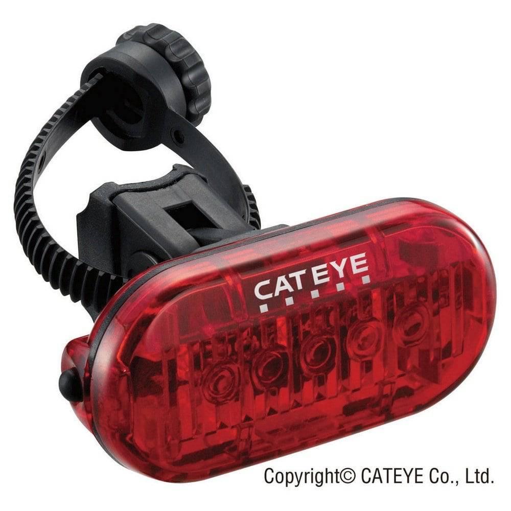 Cateye Omni 5 rear bike light with five LEDs, showcasing 360° visibility and multiple lighting modes on a bicycle.